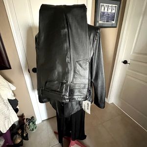 Black leather jacket and pants. Fully lined. Tags attached.
